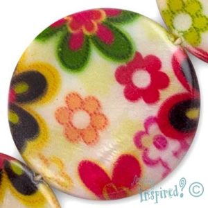 Floral print flat round shell bead 30mm x 4mm - Qty: 13 pcs. - SH1449