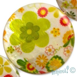 Floral print flat round shell bead 30mm x 4mm - Qty: 13 pcs. - SH1452