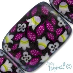 Flat rectangular floral print shell bead - Qty: 11 pcs. - SH1464