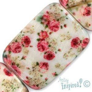 Flat rectangular floral print shell bead - Qty: 11 pcs. - SH1466