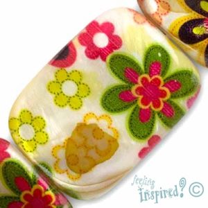 Flat rectangular floral print shell bead - Qty: 11 pcs. - SH1467