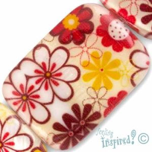 Flat rectangular floral print shell bead - Qty: 11 pcs. - SH1470
