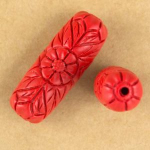 Carved floral cinnabar bead - Qty: 6 pcs. - MI0029