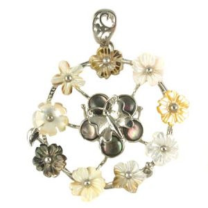 Mother of pearl-set flower & butterfly pendant  - Qty: 1 pce. - FE0437