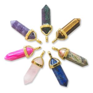 Double pointer gemstone pendants - assorted colours with gold bail - Qty: 7 pcs. - GE1726