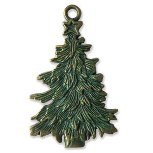 Large Christmas tree metal pendant  -Green and Antique Gold- Qty. 2 pcs. - FI8120