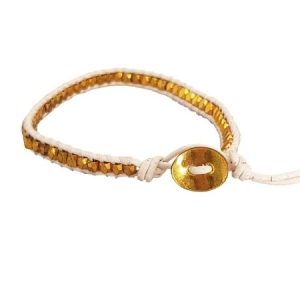 Adjustable gemstone single wrap bracelet  -Gold & White- Qty: 1 pc - GE1788