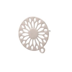 Brass stud earring with connector, flat round, platinum plated - Qty: 2 pair - FI8216